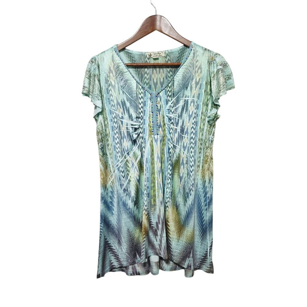 Unity World Wear Blouse Women's Size XL Beaded Neckline Boho Festive Casual Soft